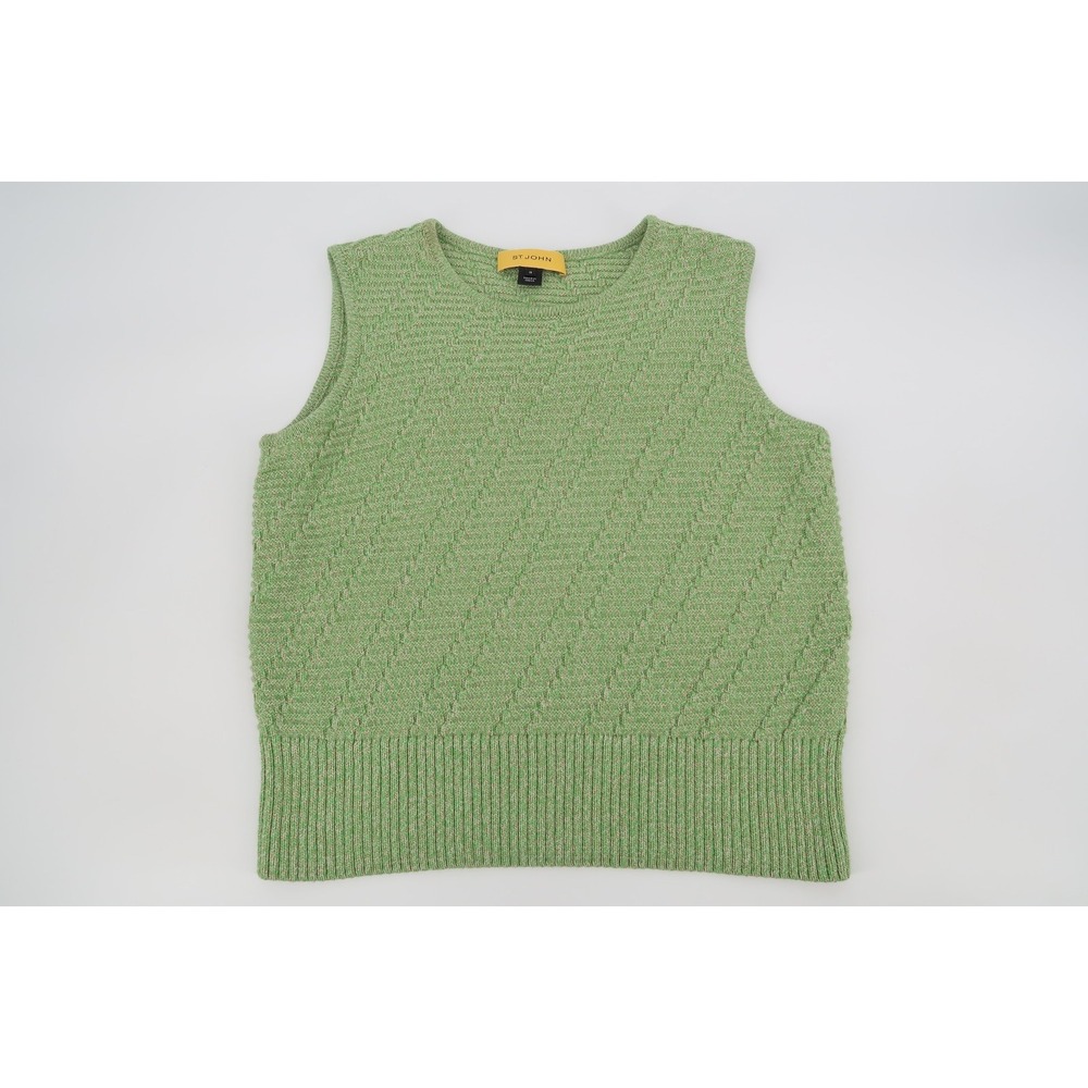 St John Sweater Vest Medium Green Wool Blend Knit Sleeveless Tank Top Pullover